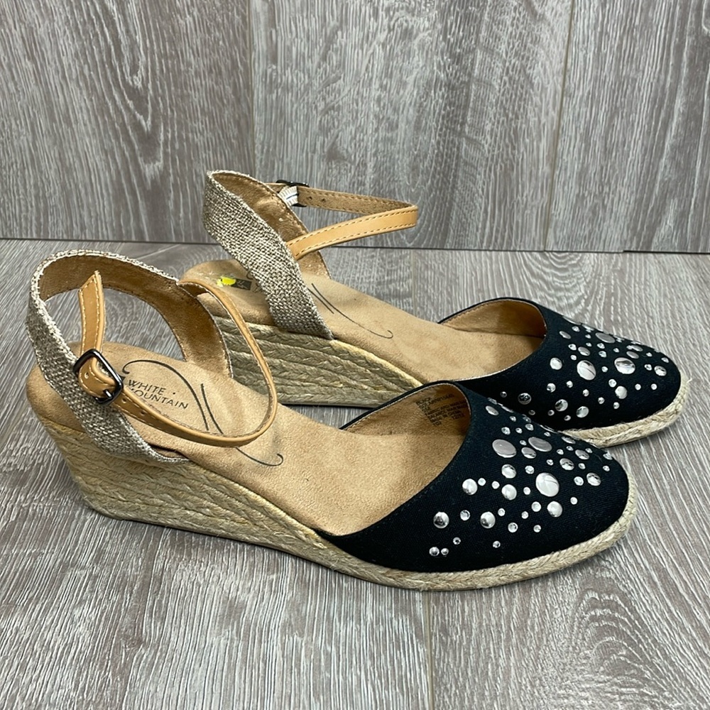 White Mountain Solar Black Espadrille Wedge Sandals 9